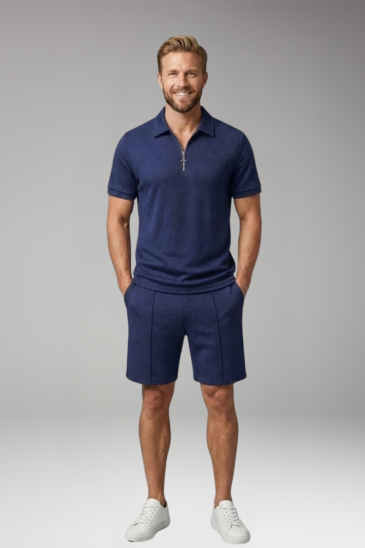 Men's Polo Shirt and Shorts Set with Zipper Placket