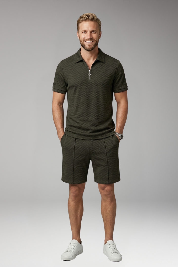 Men's Polo Shirt and Shorts Set with Zipper Placket