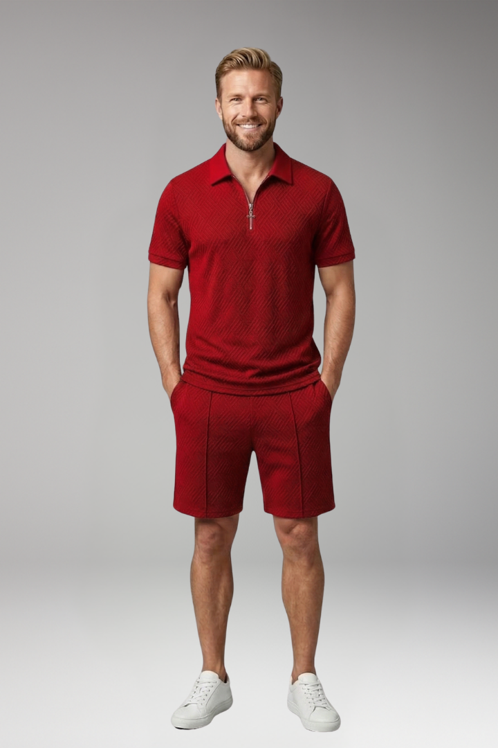 Men's Polo Shirt and Shorts Set with Zipper Placket