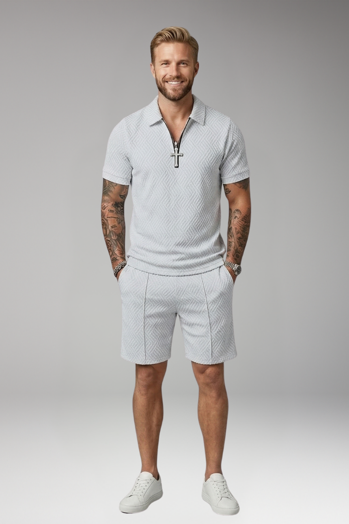 Men's Polo Shirt and Shorts Set with Zipper Placket