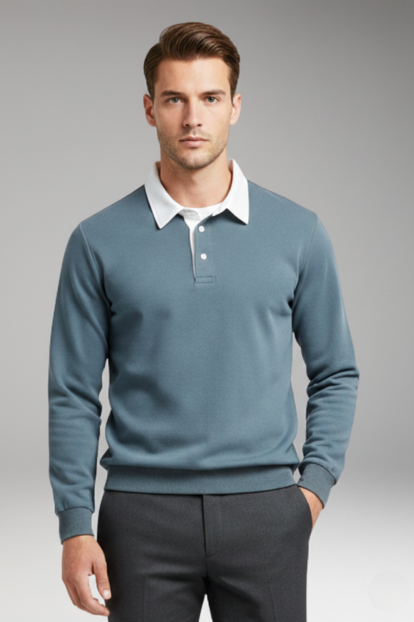 Men’s Polo Shirt with Button Closure and Ribbed Cuffs