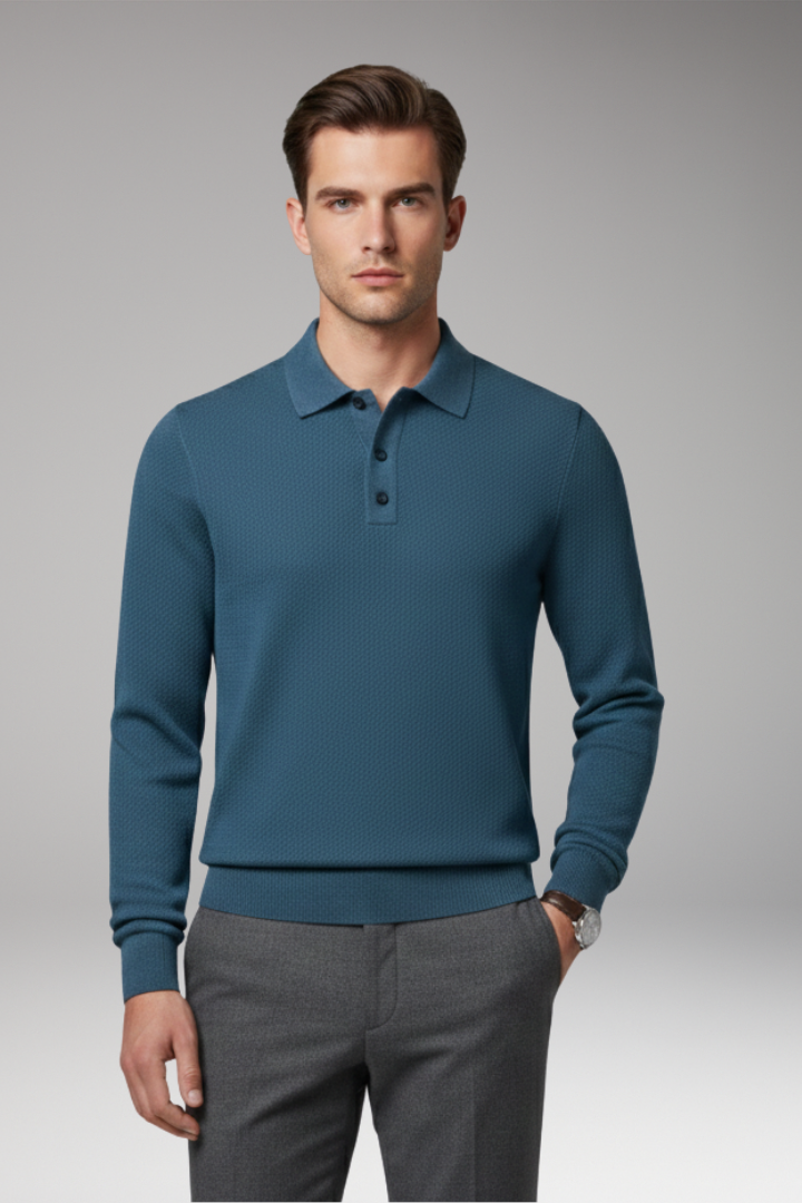 Men’s Polo Shirt with Buttoned Collar and Long Sleeves