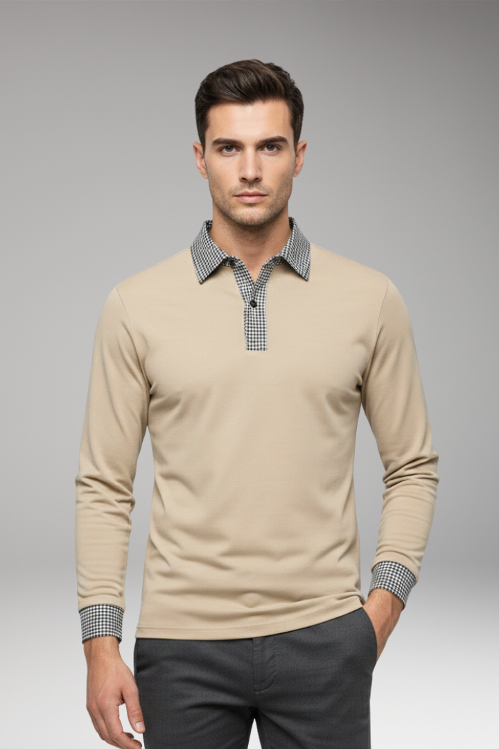 Men’s Polo Shirt with Contrasting Collar and Woven Cuffs
