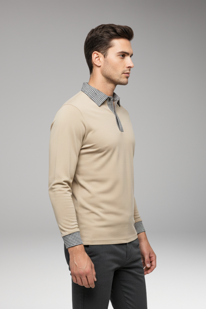 Men’s Polo Shirt with Contrasting Collar and Woven Cuffs