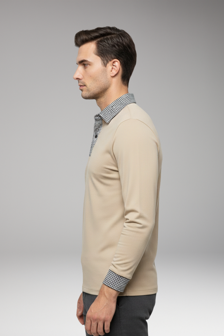 Men’s Polo Shirt with Contrasting Collar and Woven Cuffs