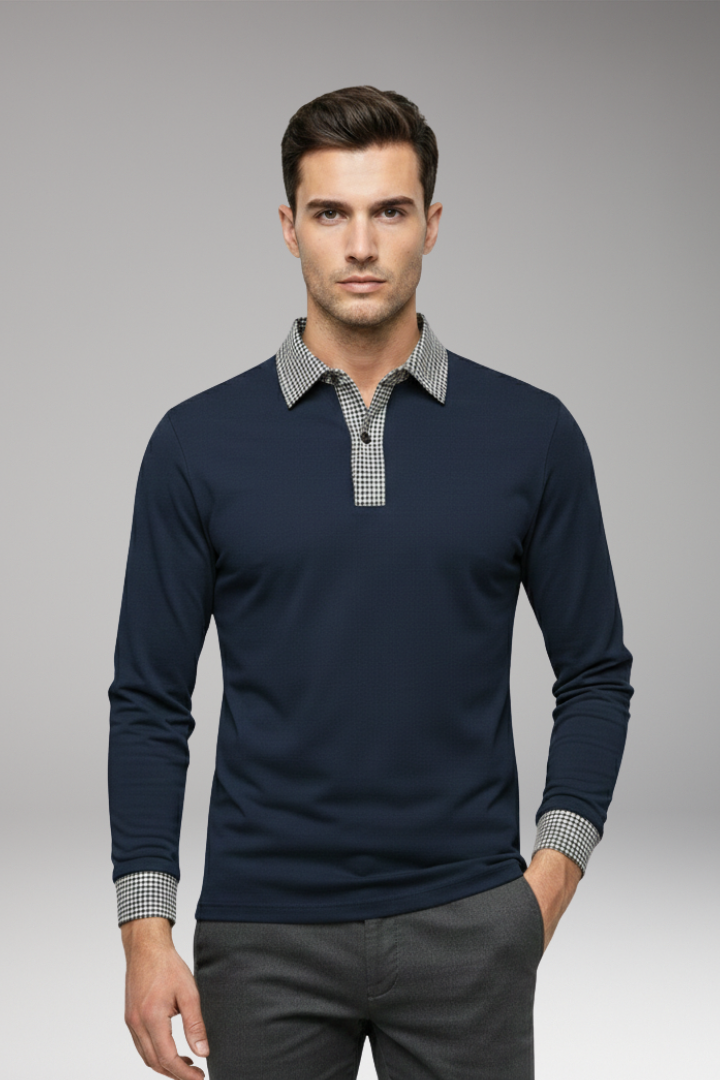 Men’s Polo Shirt with Contrasting Collar and Woven Cuffs