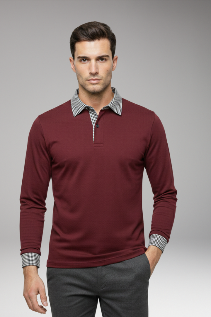 Men’s Polo Shirt with Contrasting Collar and Woven Cuffs