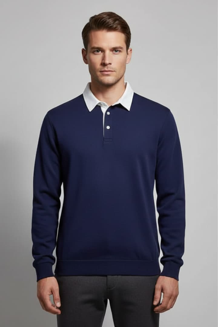 Men’s Polo Jumper with Turn-Down Collar and Long Sleeves