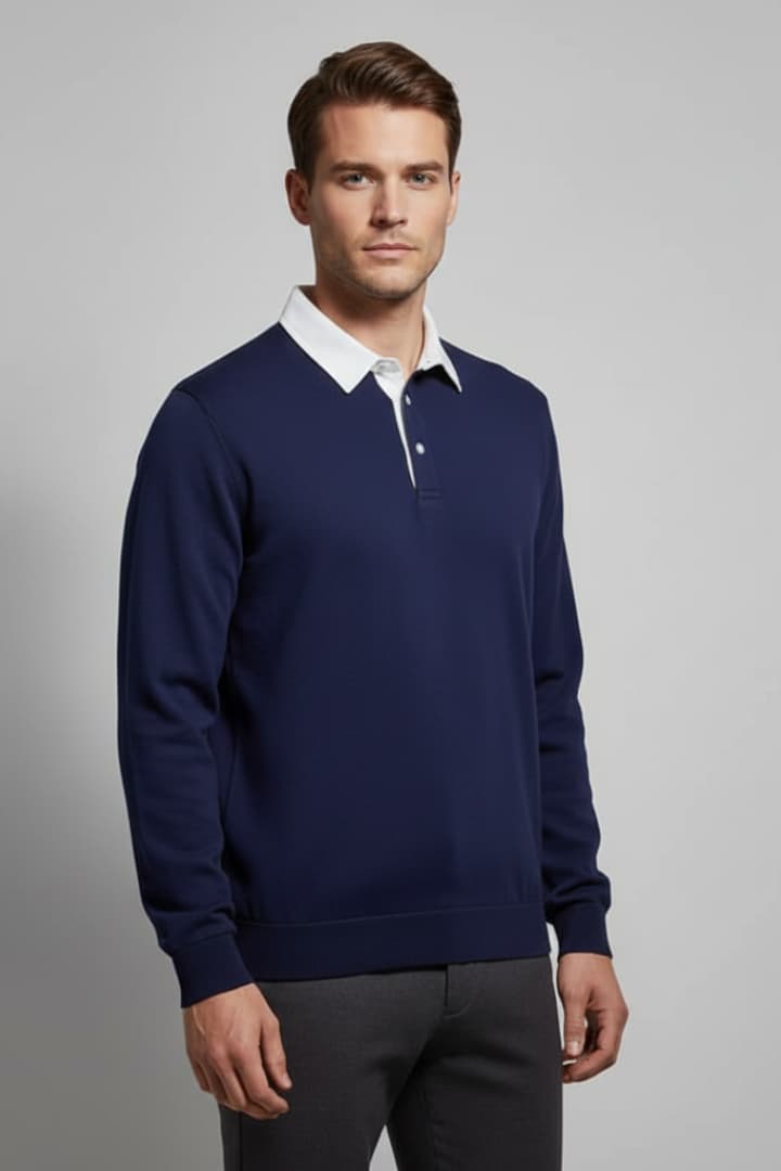 Men’s Polo Jumper with Turn-Down Collar and Long Sleeves