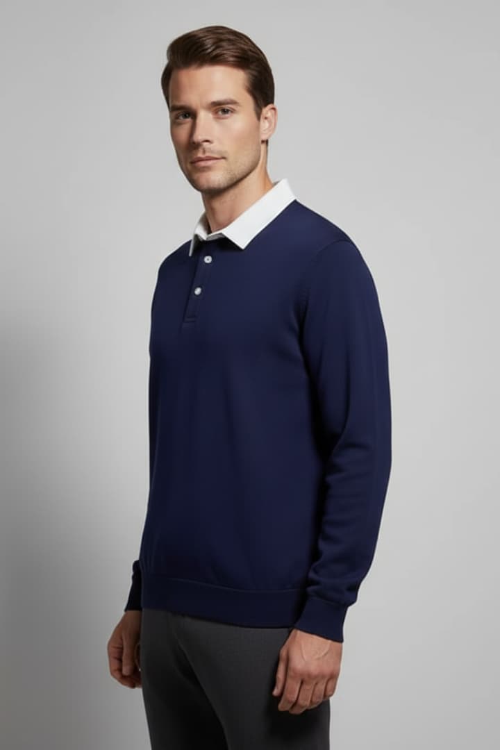 Men’s Polo Jumper with Turn-Down Collar and Long Sleeves