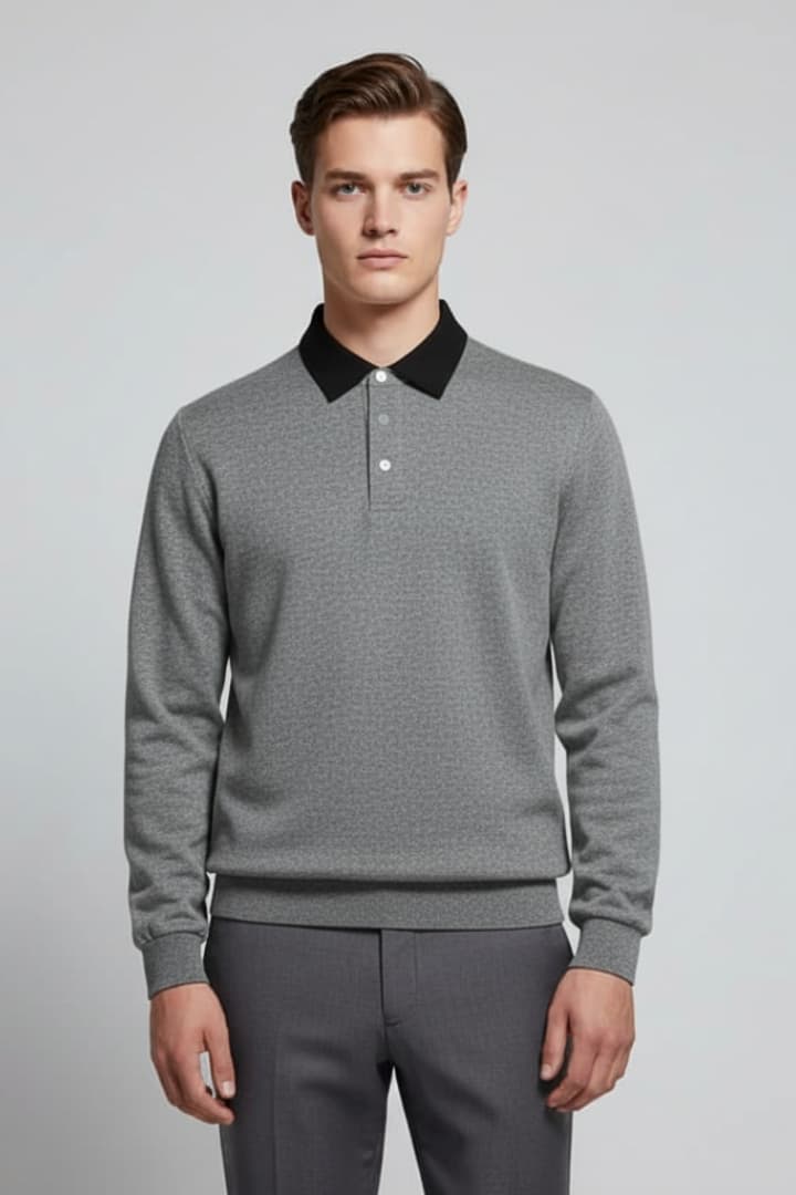 Men’s Polo Jumper with Turn-Down Collar and Long Sleeves