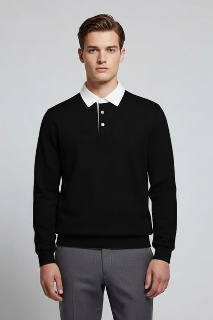 Men’s Polo Jumper with Turn-Down Collar and Long Sleeves
