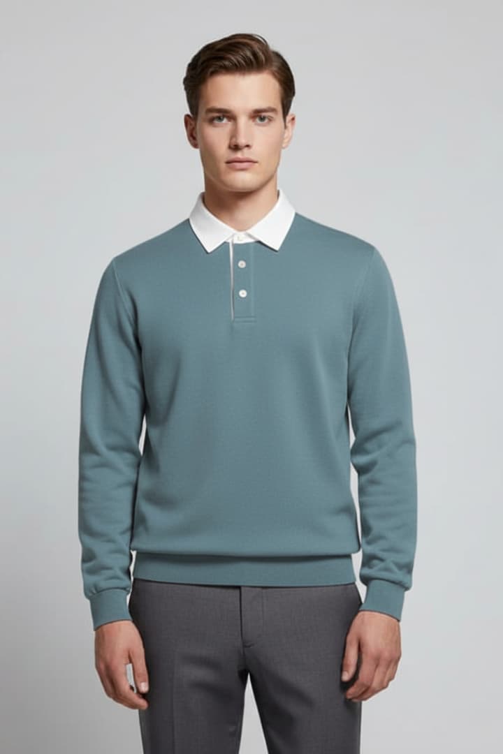 Men’s Polo Jumper with Turn-Down Collar and Long Sleeves