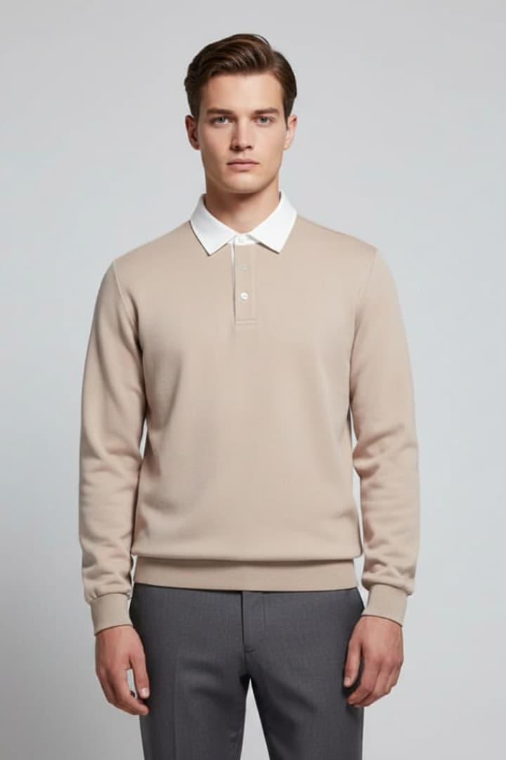 Men’s Polo Jumper with Turn-Down Collar and Long Sleeves