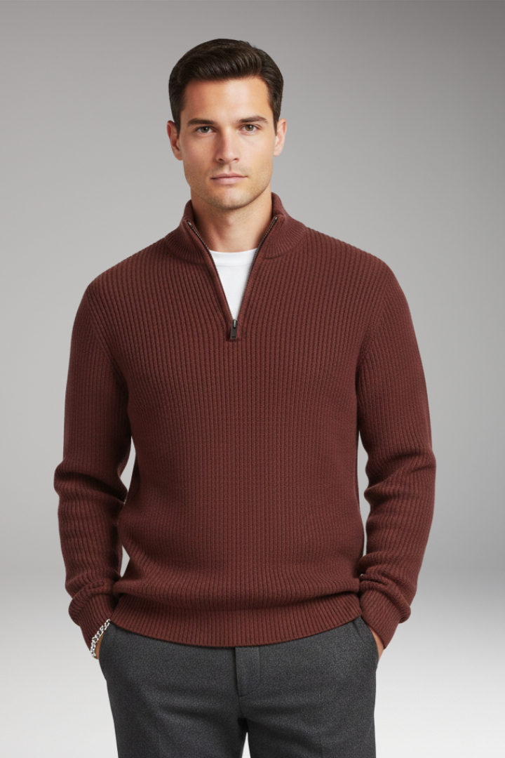 Men’s Pullover with Half-Zip Neckline and Ribbed Texture