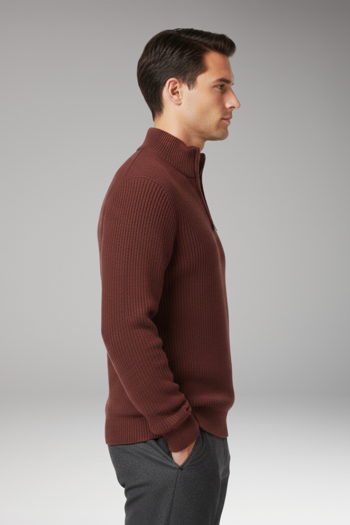 Men’s Pullover with Half-Zip Neckline and Ribbed Texture