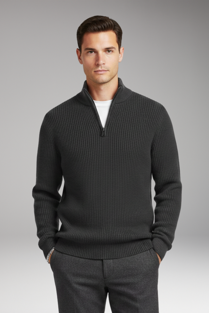 Men’s Pullover with Half-Zip Neckline and Ribbed Texture
