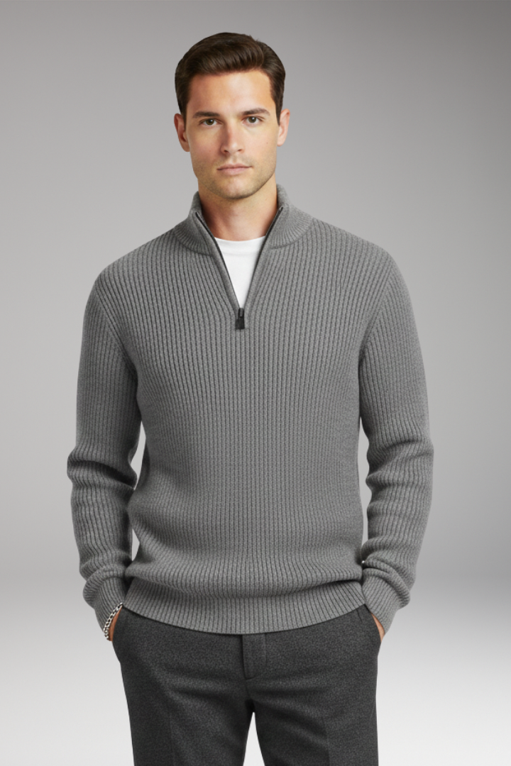 Men’s Pullover with Half-Zip Neckline and Ribbed Texture