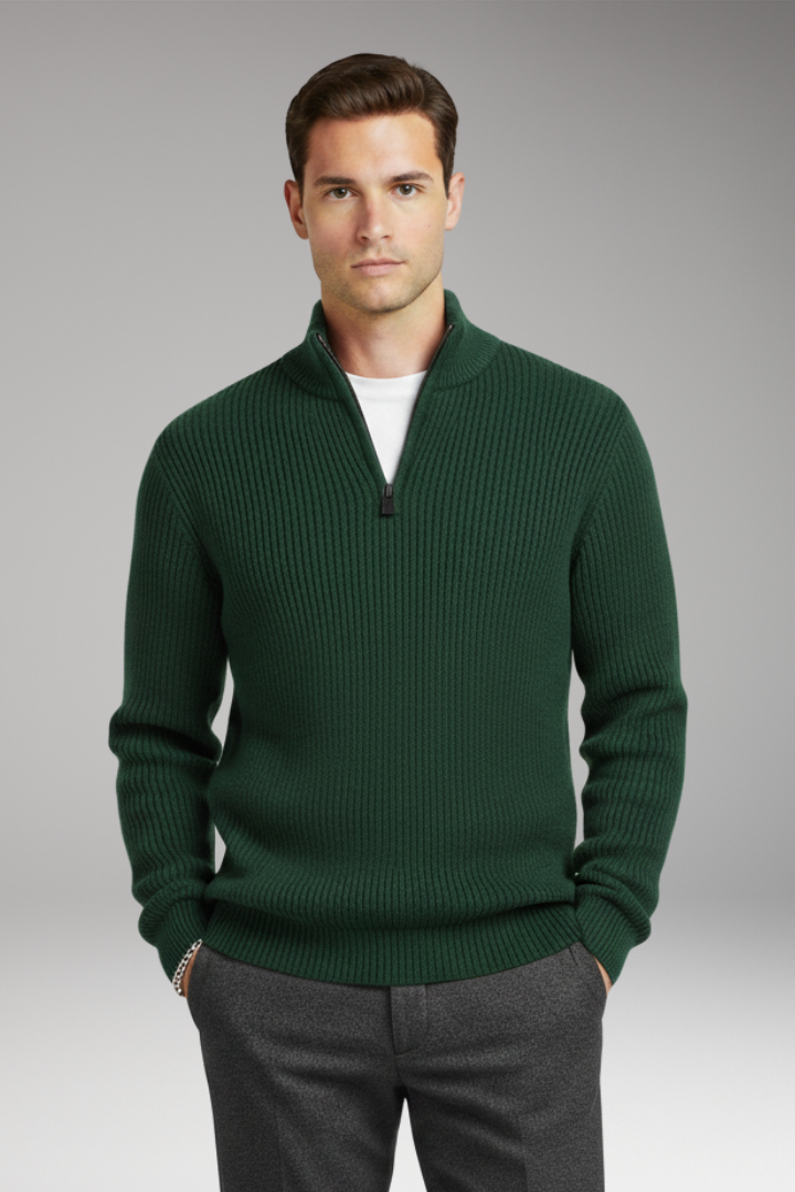 Men’s Pullover with Half-Zip Neckline and Ribbed Texture