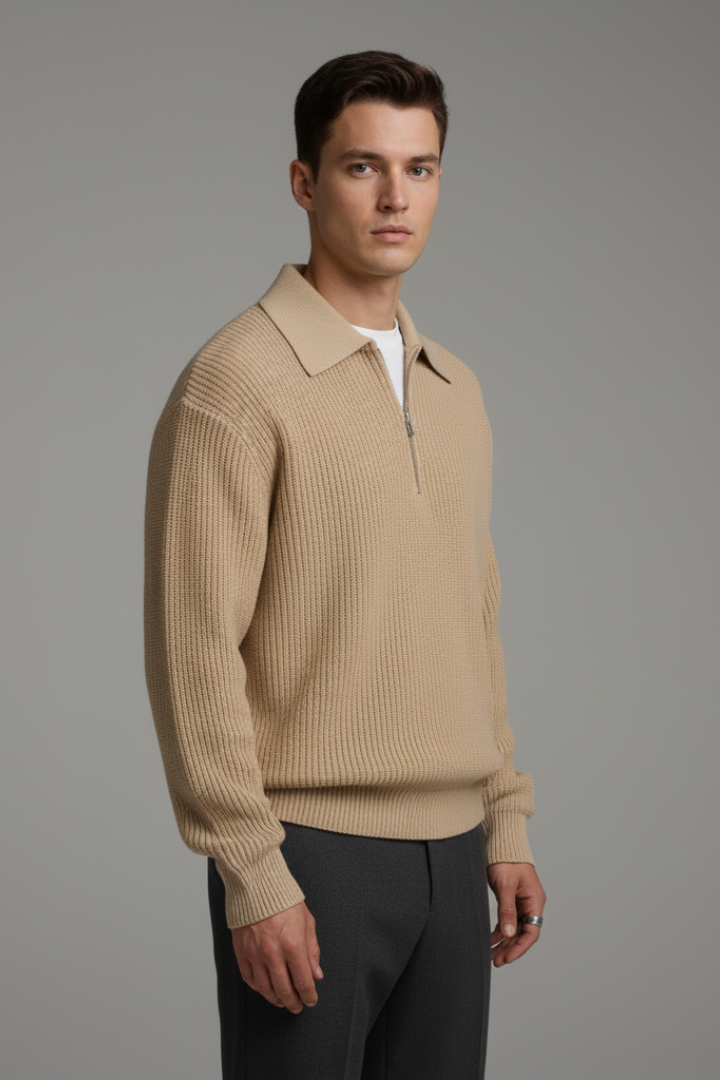 Men's Quarter-Zip Jumper with Jacquard Knit and Straight Fit