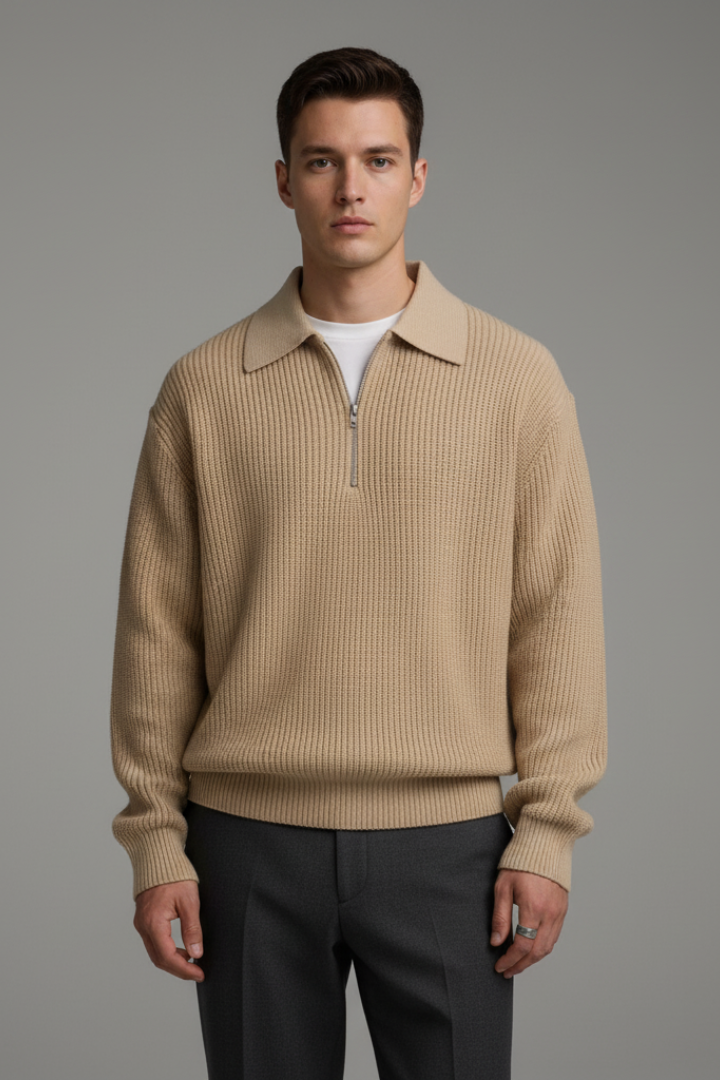 Men's Quarter-Zip Jumper with Jacquard Knit and Straight Fit
