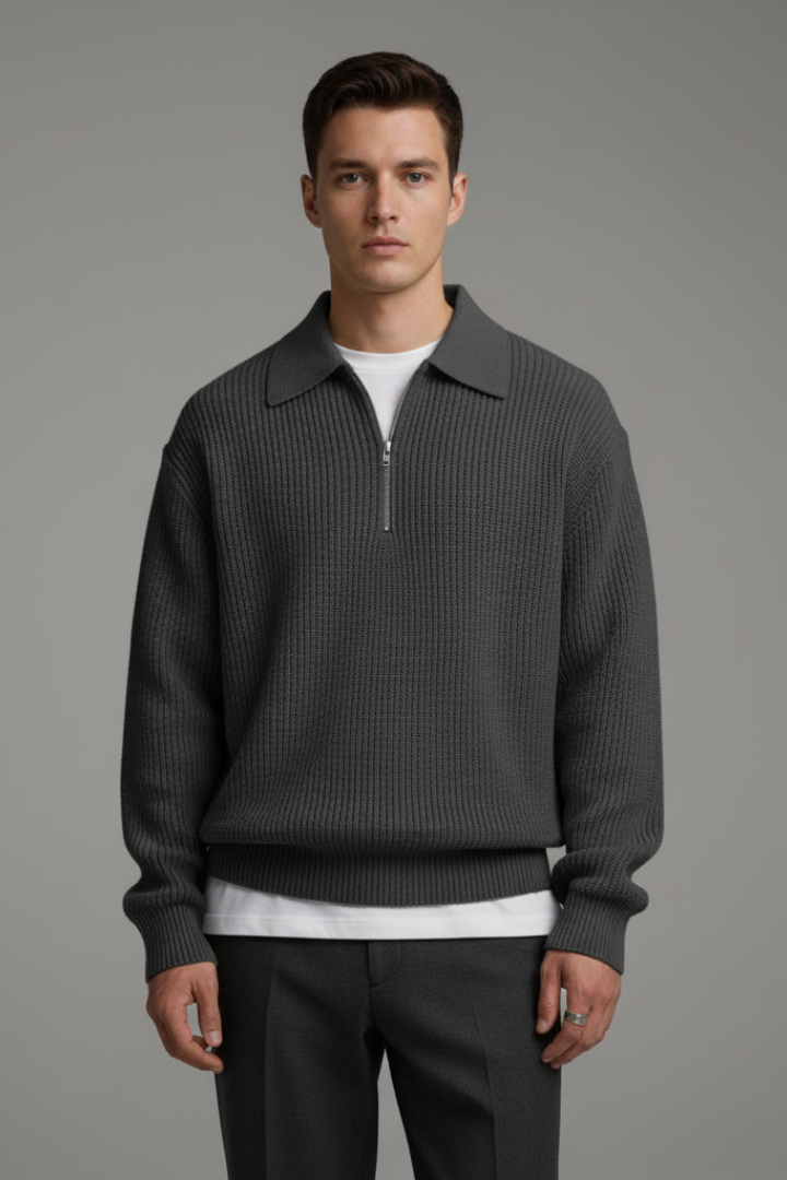 Men's Quarter-Zip Jumper with Jacquard Knit and Straight Fit