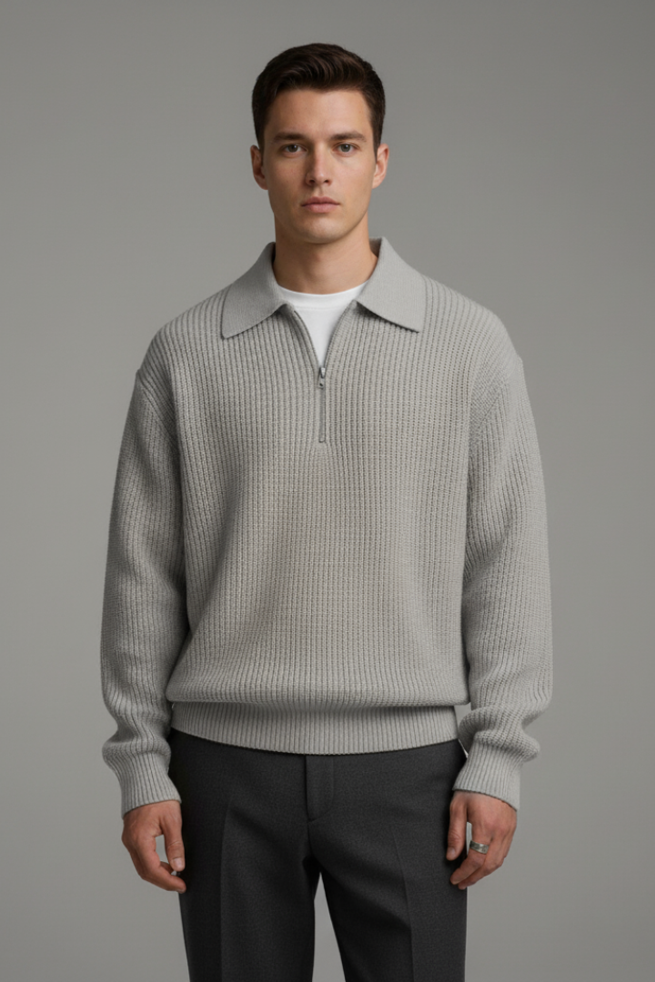Men's Quarter-Zip Jumper with Jacquard Knit and Straight Fit