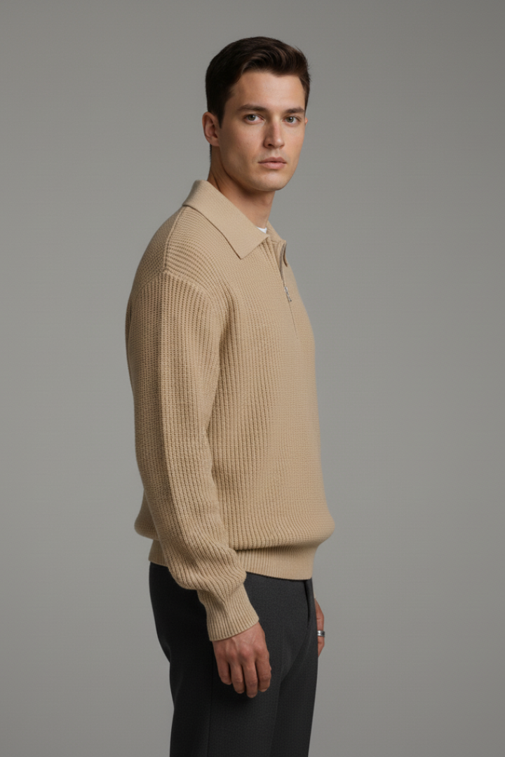 Men's Quarter-Zip Jumper with Jacquard Knit and Straight Fit