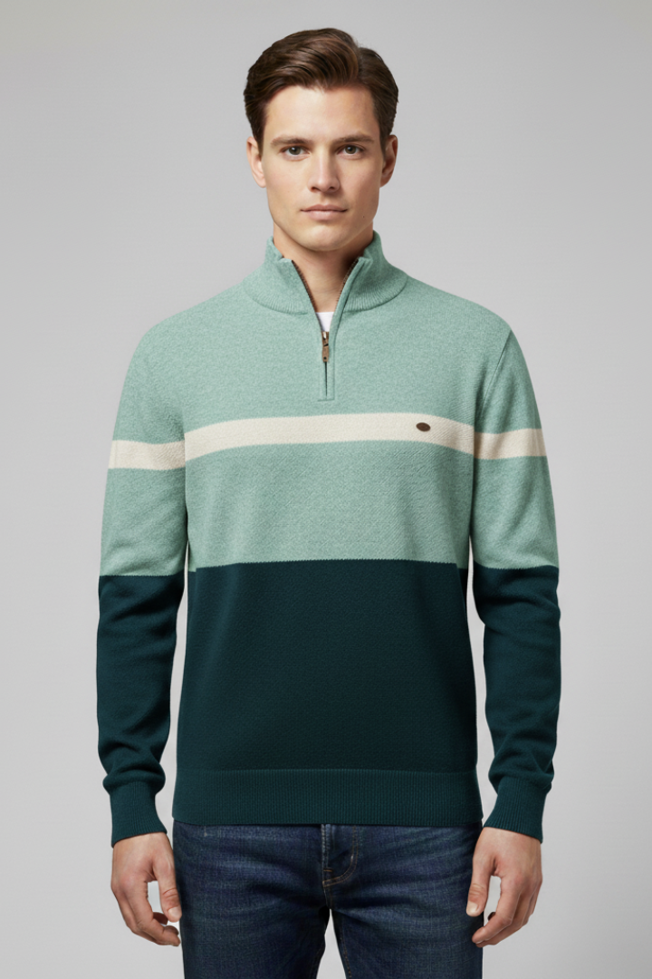 Men's Quarter-Zip Jumper with Mock Neck and Stripe Pattern