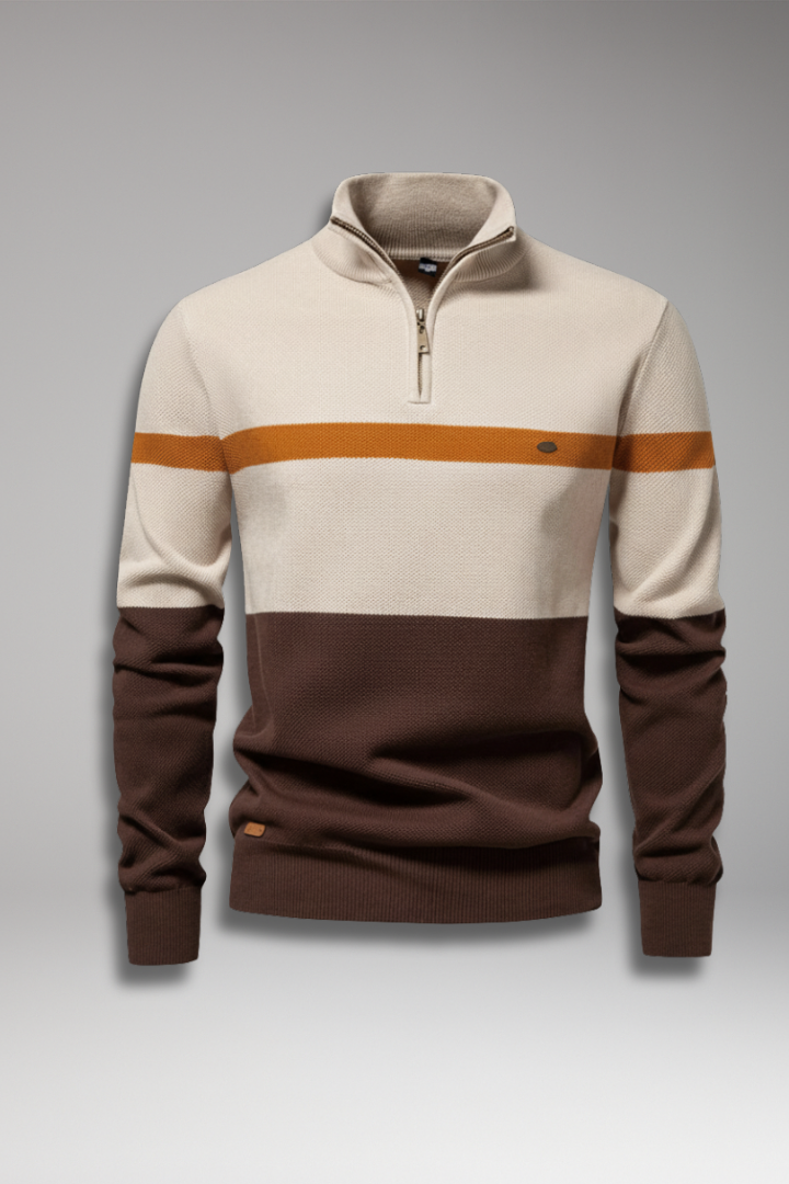 Men's Quarter-Zip Jumper with Mock Neck and Stripe Pattern