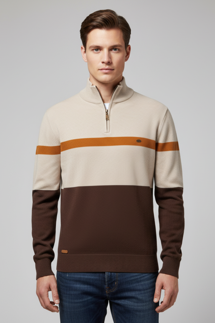 Men's Quarter-Zip Jumper with Mock Neck and Stripe Pattern