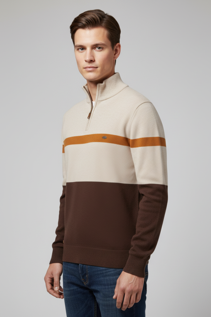 Men's Quarter-Zip Jumper with Mock Neck and Stripe Pattern