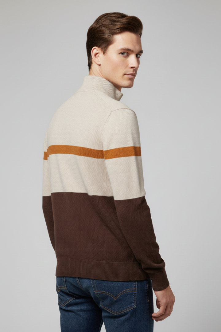 Men's Quarter-Zip Jumper with Mock Neck and Stripe Pattern