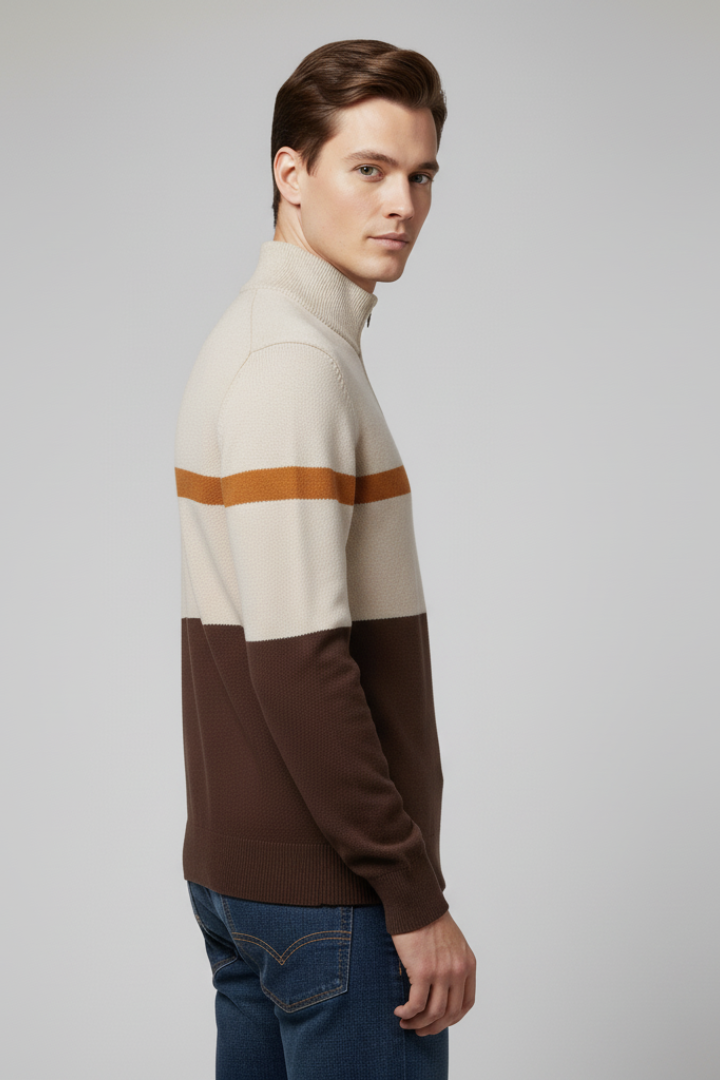 Men's Quarter-Zip Jumper with Mock Neck and Stripe Pattern