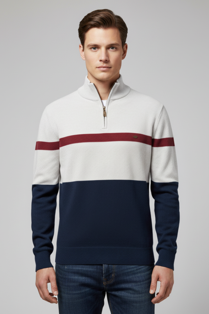 Men's Quarter-Zip Jumper with Mock Neck and Stripe Pattern