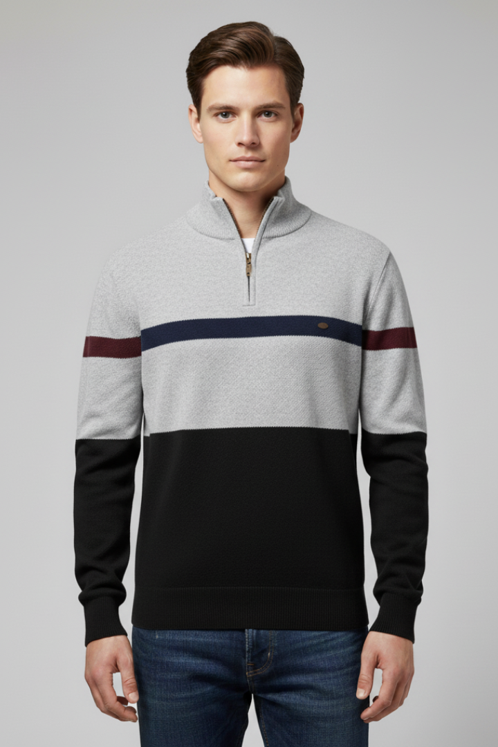 Men's Quarter-Zip Jumper with Mock Neck and Stripe Pattern