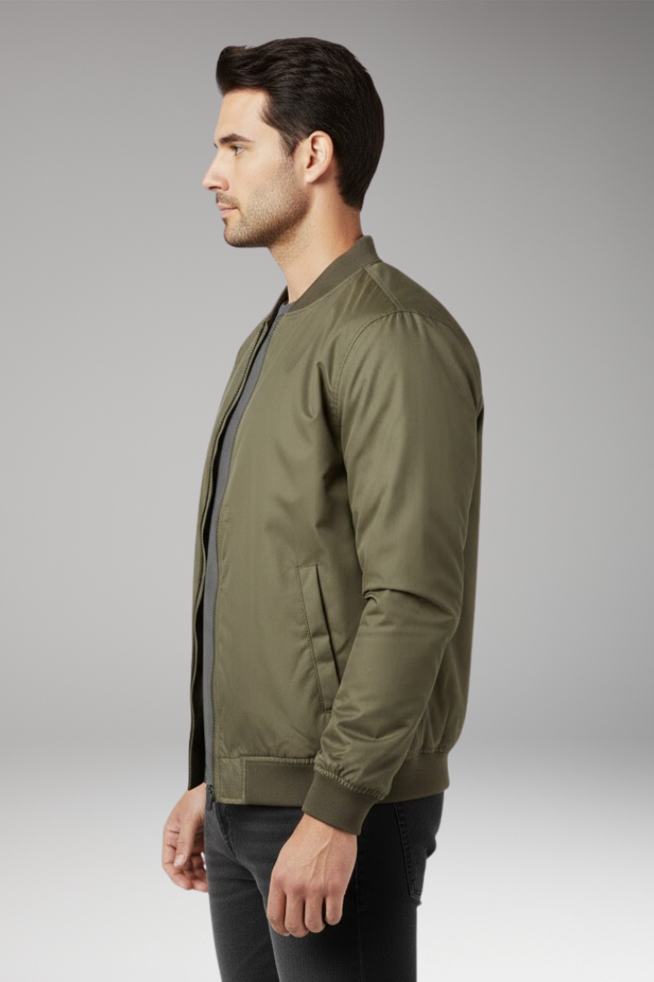 Men’s Retro Bomber Jacket with Zipper and Ribbed Edges