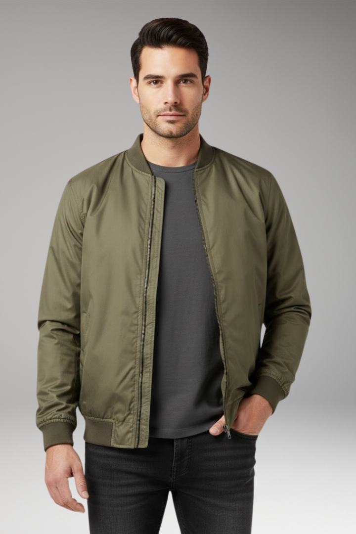 Men’s Retro Bomber Jacket with Zipper and Ribbed Edges