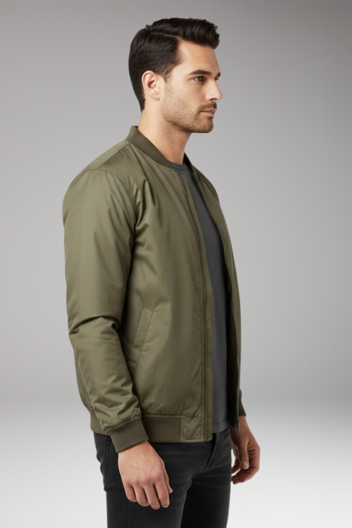 Men’s Retro Bomber Jacket with Zipper and Ribbed Edges