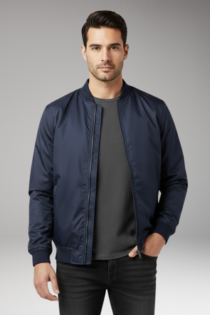 Men’s Retro Bomber Jacket with Zipper and Ribbed Edges