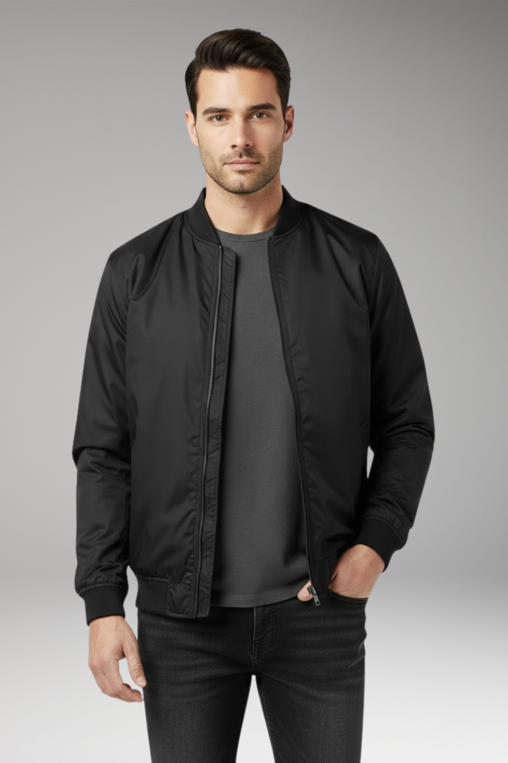 Men’s Retro Bomber Jacket with Zipper and Ribbed Edges
