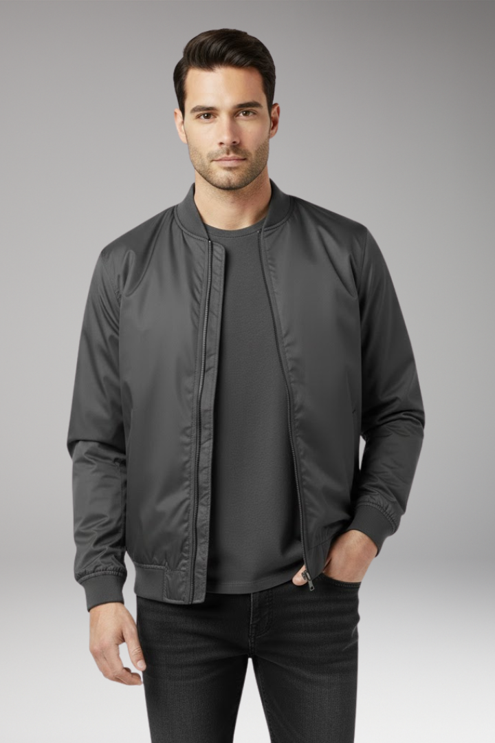 Men’s Retro Bomber Jacket with Zipper and Ribbed Edges