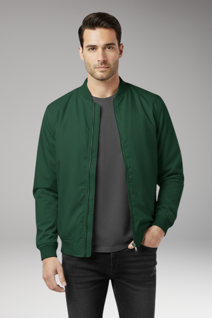 Men’s Retro Bomber Jacket with Zipper and Ribbed Edges