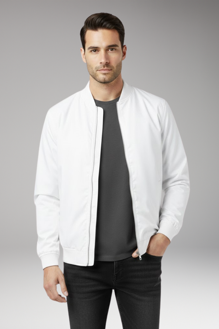 Men’s Retro Bomber Jacket with Zipper and Ribbed Edges