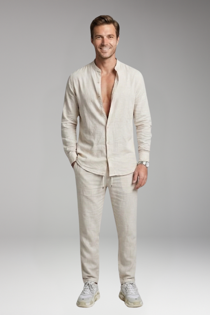 Men's Shirt and Trousers Set with Long Sleeves and Relaxed Fit