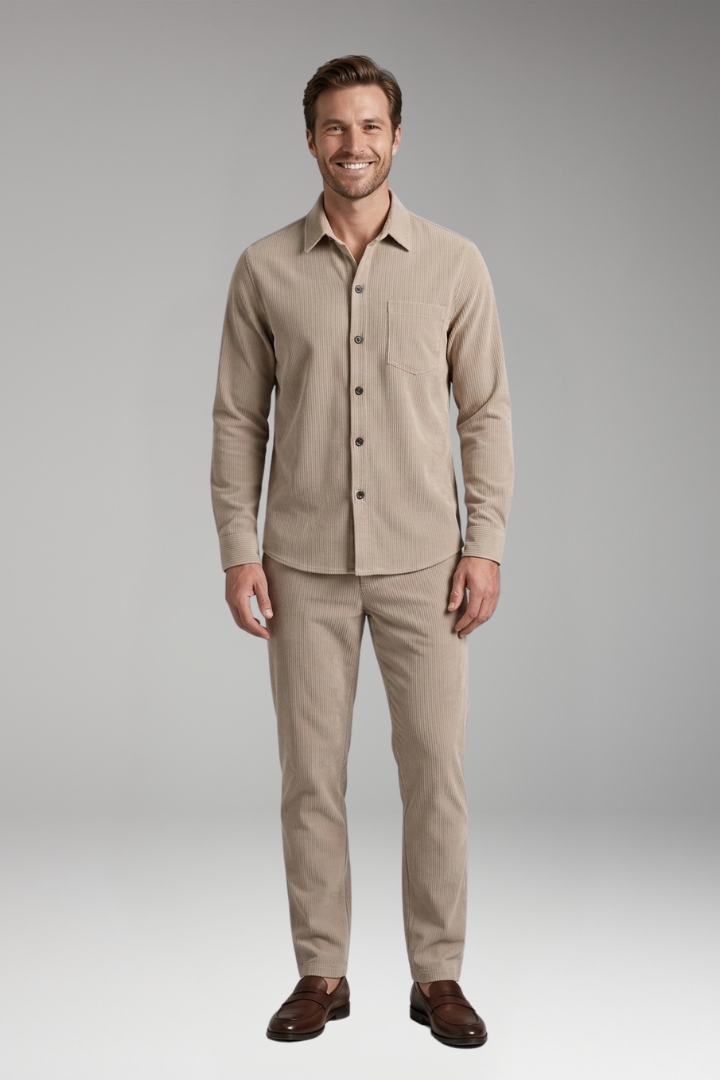 Men's Shirt and Trousers Set with Striped Design