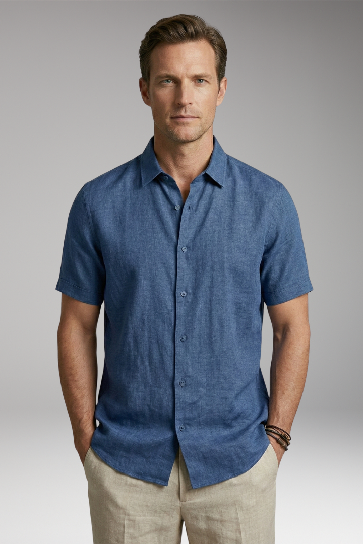 Men's Shirt with Button Placket and Short Sleeves