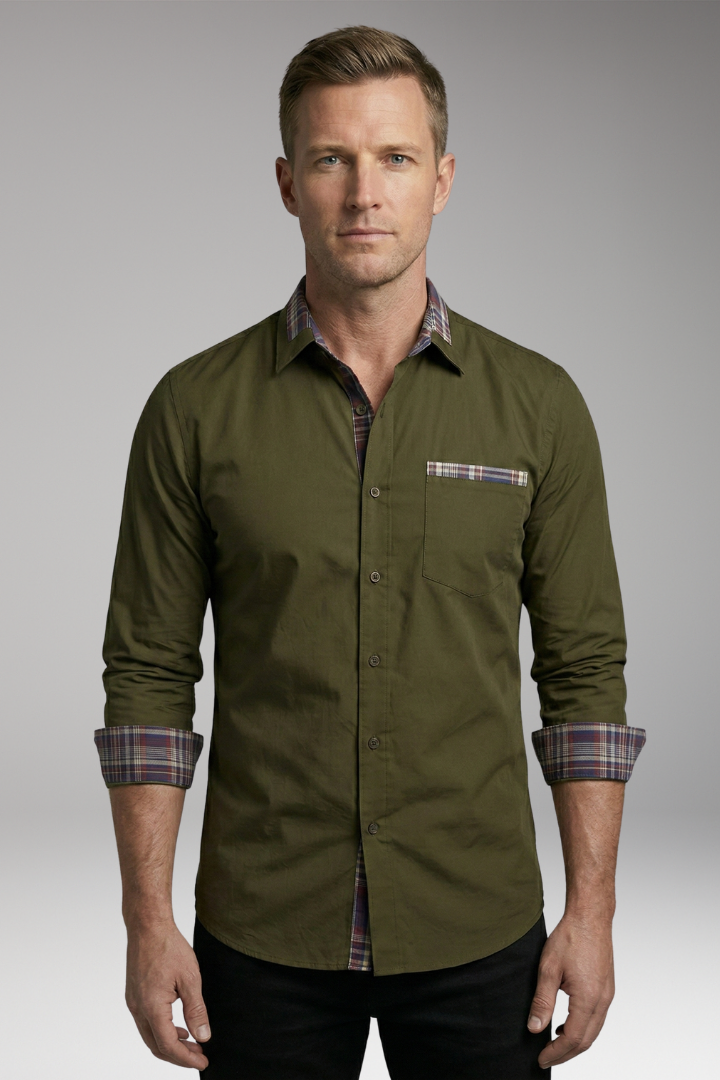 Men's Shirt with Long Sleeves and Checkered Cuffs
