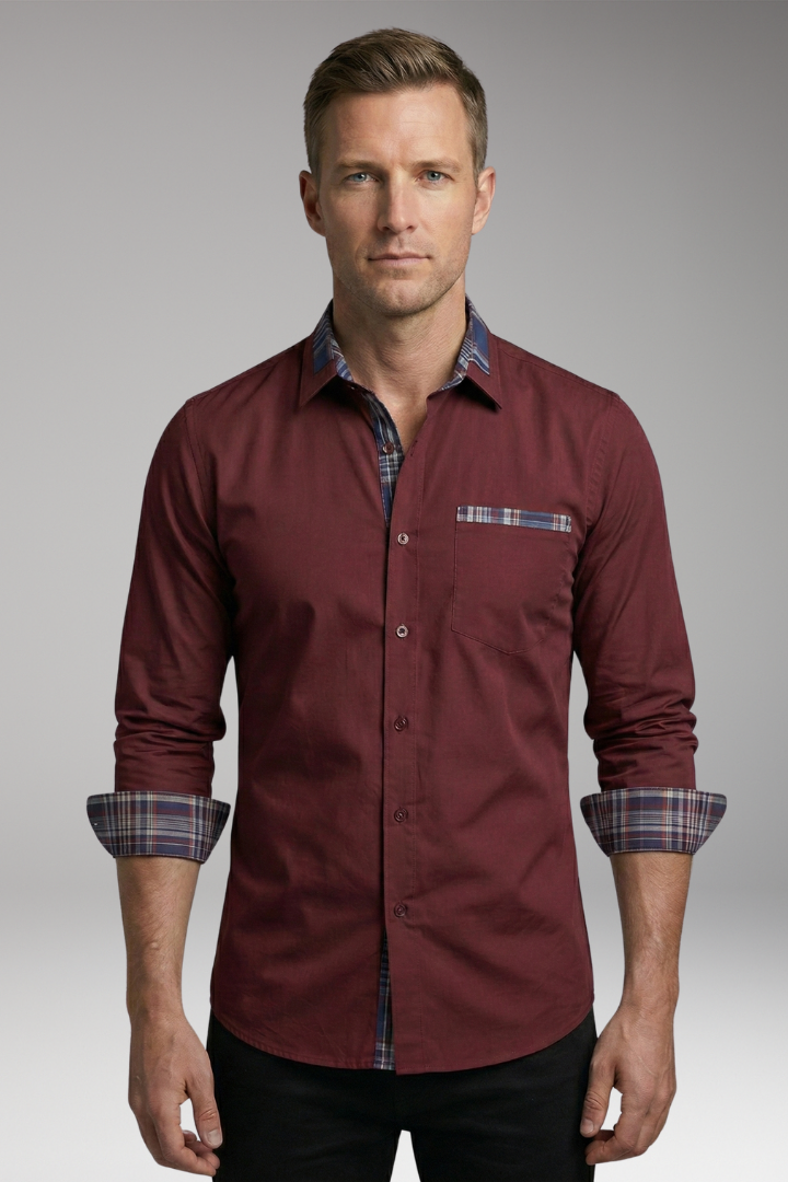 Men's Shirt with Long Sleeves and Checkered Cuffs