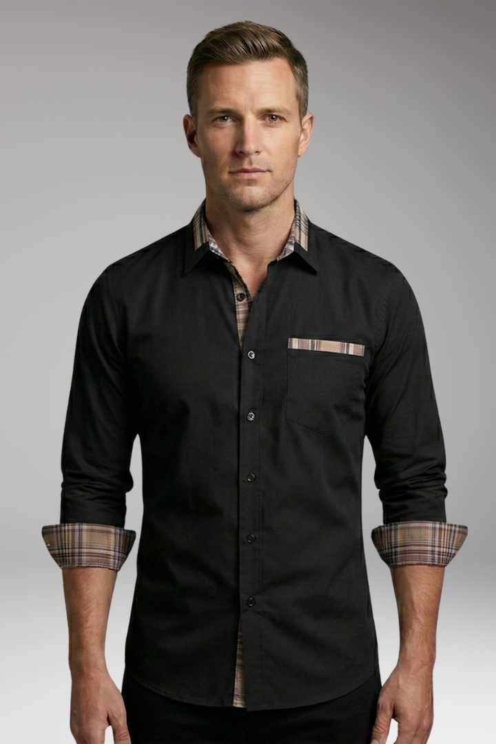 Men's Shirt with Long Sleeves and Checkered Cuffs